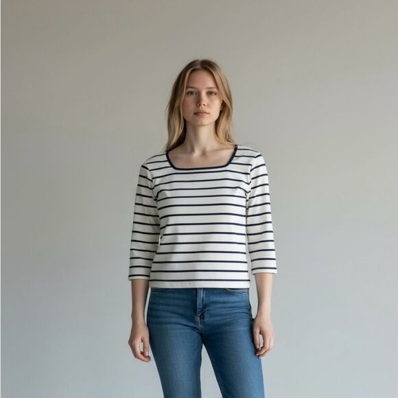 Central Park West Black and White Striped Long Sleeve Top - Picture 1 of 3